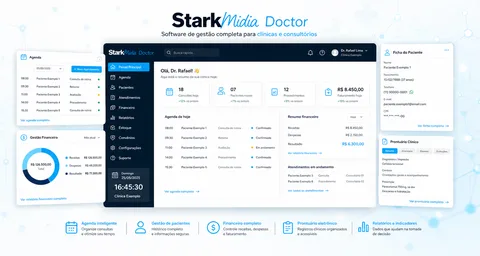 Visão demonstrativa do StarkMidia Doctor com agenda, prontuário e gestão financeira