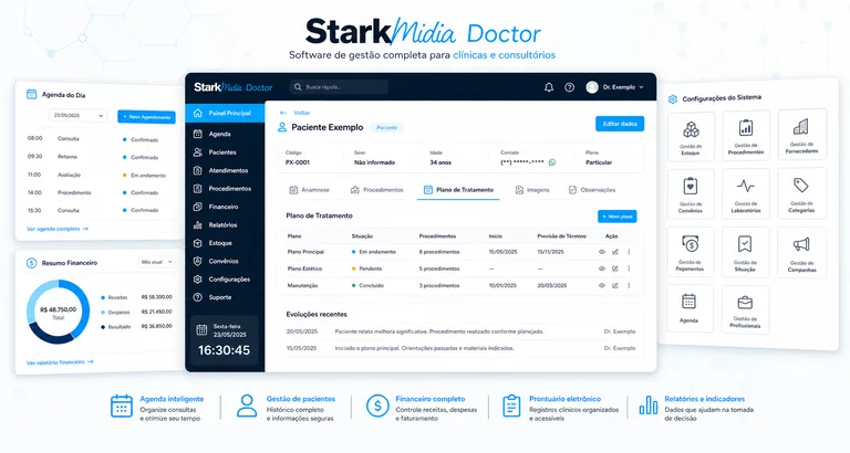 Recursos do StarkMidia Doctor para ficha clínica, tratamento, agenda e configurações