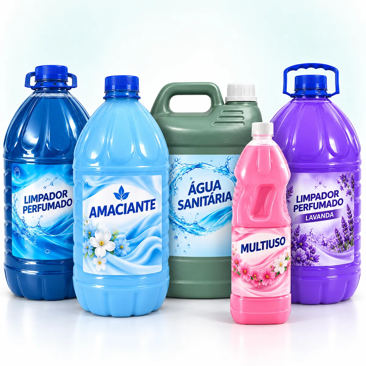 Embalagens PET em azul, verde, rosa e roxo, com exemplos de rótulos personalizados