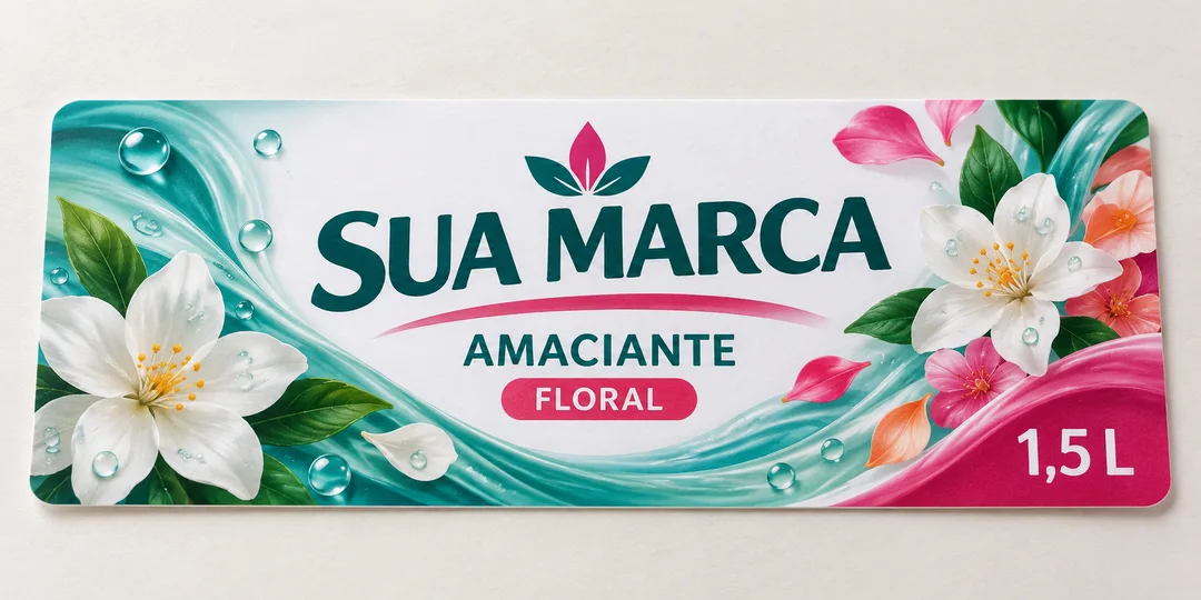Foto ilustrativa de rótulo adesivo horizontal para amaciante floral