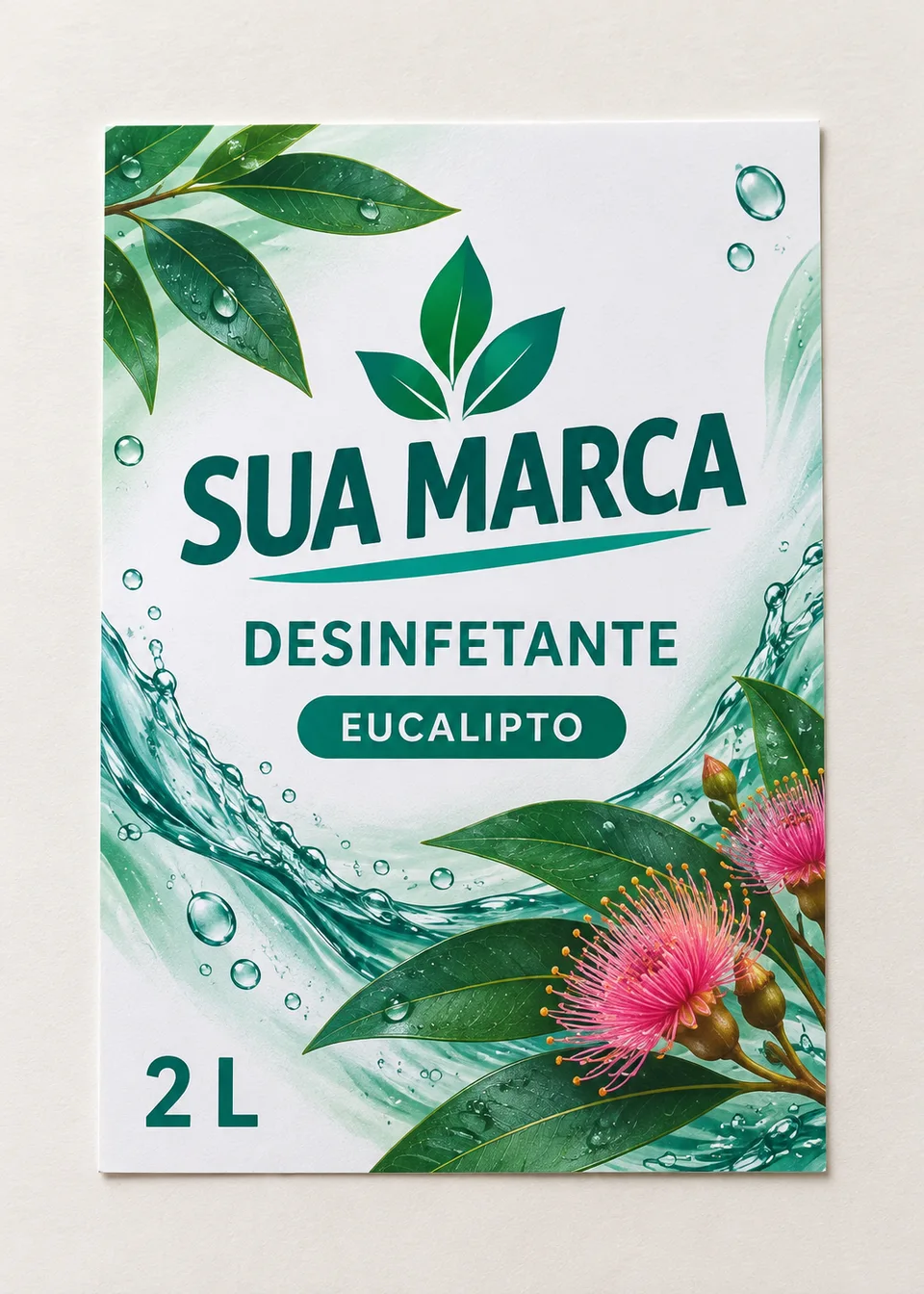 Foto ilustrativa de rótulo adesivo vertical para desinfetante, fragrância eucalipto