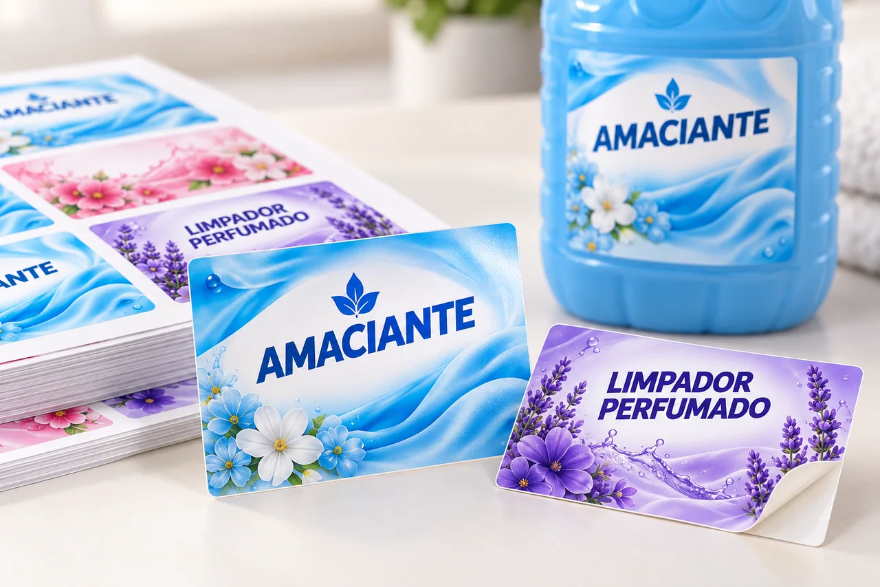 Detalhe ilustrativo de rótulos de amaciante e limpador perfumado, com cores vivas, folhas impressas e uma embalagem personalizada ao fundo